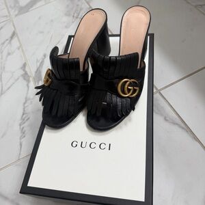 Gucci Black Mules with Gold Logo Accent